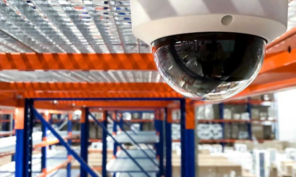 Entrepôt industriel avec rayonnages métalliques bleus et orange, éclairage LED au plafond