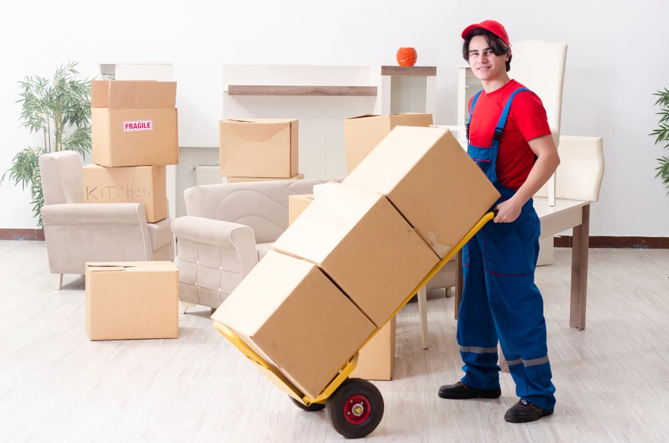 Déménageur professionnel en uniforme rouge et bleu transporte des cartons sur diable dans salon résidentiel