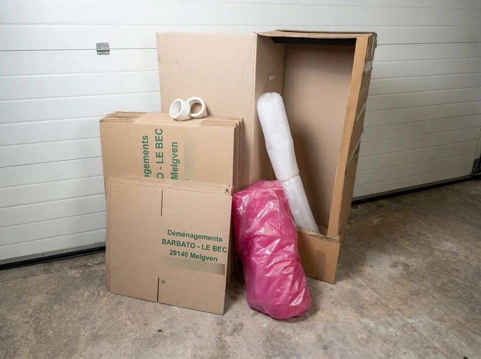 Intérieur résidentiel avec empilement de cartons de déménagement bruns disposés contre un mur blanc à moulures