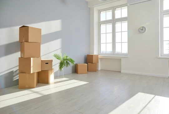 Deux déménageurs en salopettes bleues transportent des cartons depuis une maison vers un camion de déménagement orange garé devant
