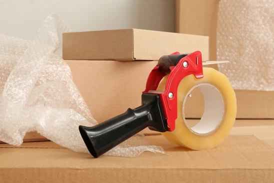 Intérieur d'appartement en cours de déménagement avec nombreux cartons d'emballage empilés, plantes vertes en pots, mobilier partiellement emballé et équipements de nettoyage