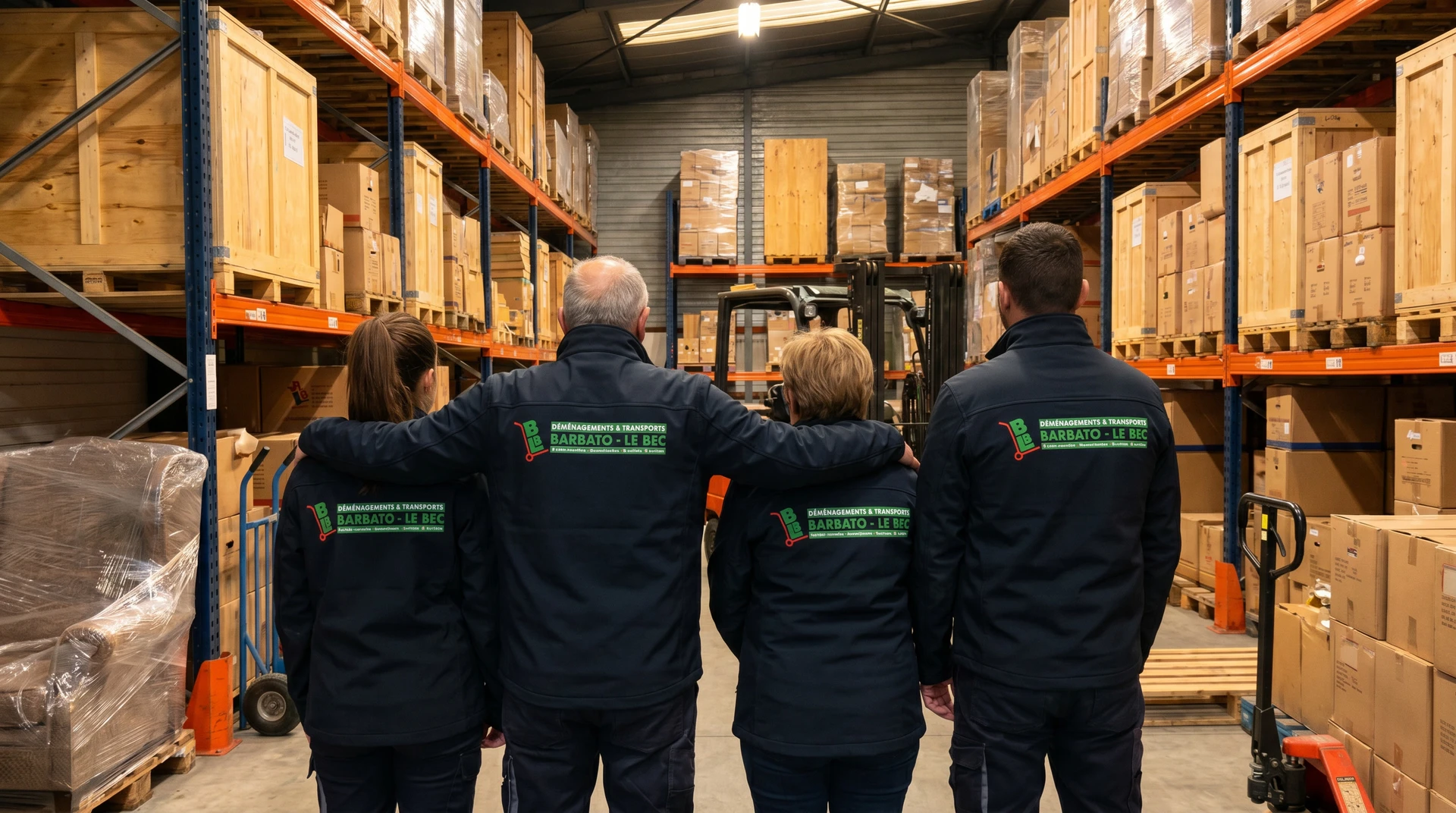 Photographie en plan serré montrant deux générations côte à côte dans les locaux historiques de l'entreprise Barbato-Lebec : au premier plan, les fondateurs (personnes âgées) et leurs enfants (adultes) se tenant ensemble, éventuellement avec une main sur l'épaule de l'autre ou se regardant avec bienveillance. L'arrière-plan montre les locaux reconnaissables de l'entreprise (camions de déménagement, entrepôt, ou bureau). L'atmosphère doit transmettre la confiance, l'affection familiale et la transmission plutôt qu'un simple accord commercial. La composition doit suggérer la continuité, l'héritage et les valeurs partagées entre générations.