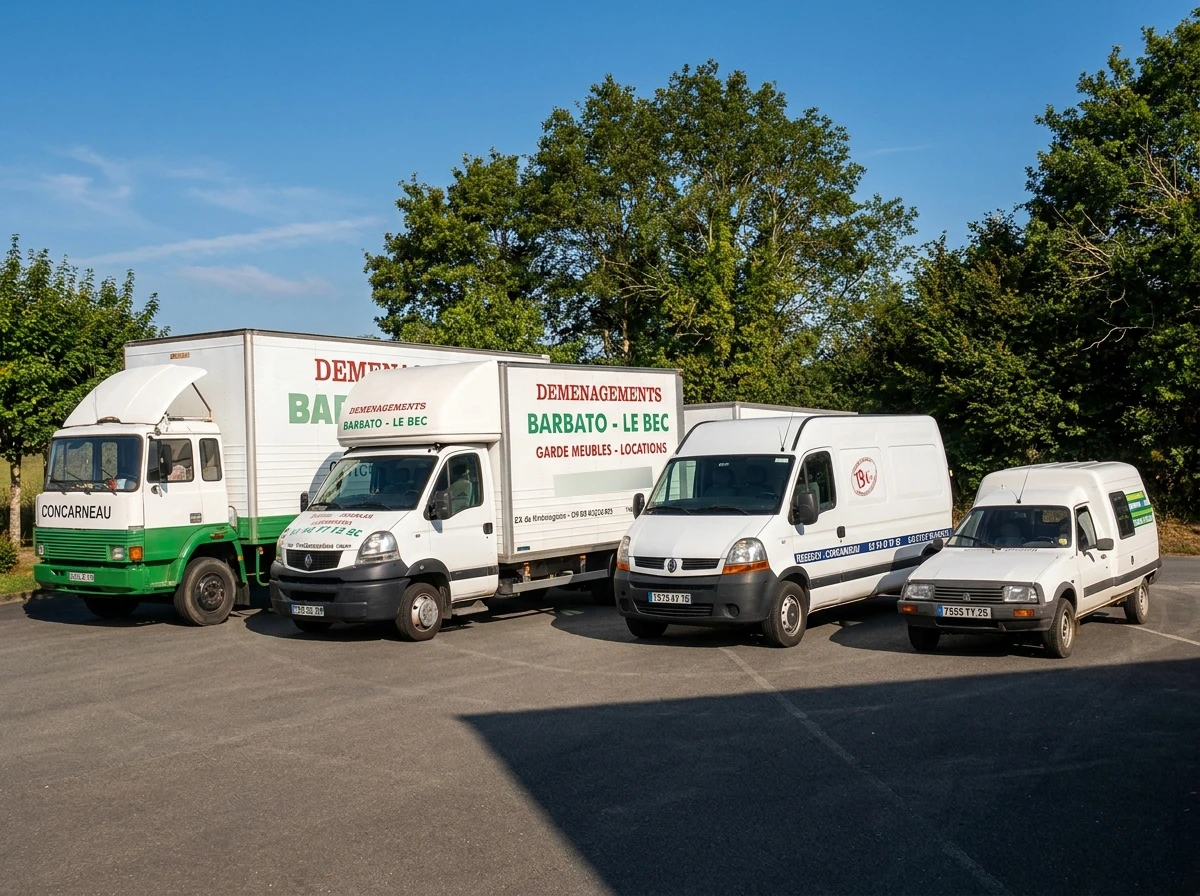 Déménageurs en uniforme bleu transportent mobilier et cartons entre camion de déménagement et domiciles